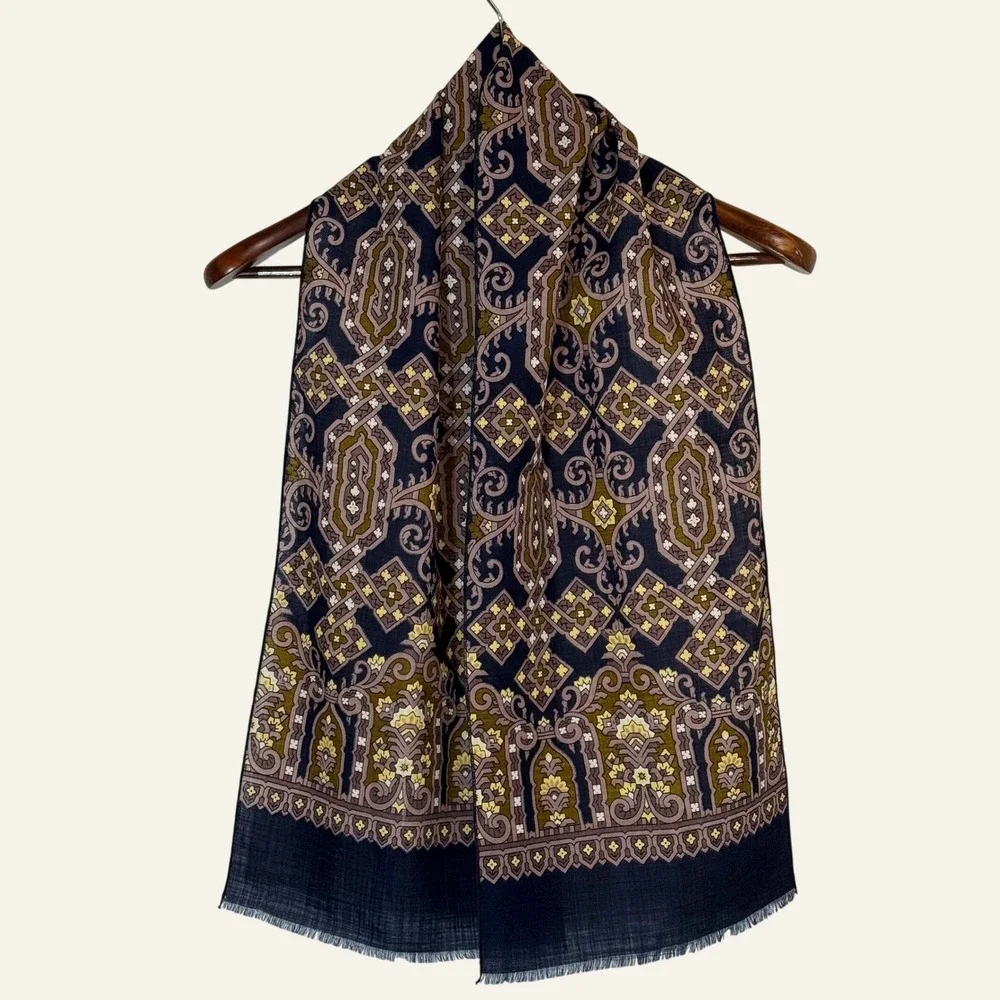 Vintage 70s Mens Wool Scarf Navy Gold Psychedelic Paisley Fringed 56x11